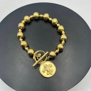 Bellezza Bronze Italy Fleur-de-lis Textured Beaded Toggle‎ Charm Bracelet